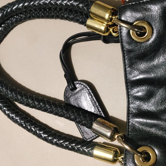 Badgley Mischka Expandable Black Leather Bucket Bag Tote Shopper Mayra Shine - Picture 8 of 16